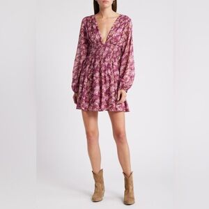 Free People Keep You Mini Dress Berry Combo Floral Smocked V-Neck OB1893268